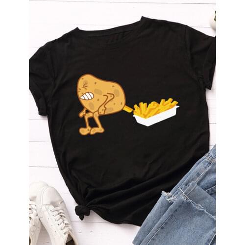 Funny Potato Fries Print Women T Shirt Short Sleeve O Neck Loose Women Tshirt Ladies Tee Shirt Tops Clothes Camisetas Mujer