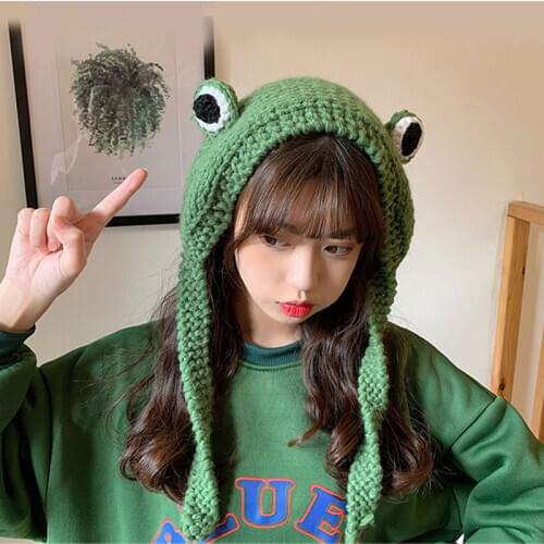 Korean Women Cute Frog Hat Knitted Woolen Beanie Cap Autumn And Winter Big Eyes Frog Hats Headgear Warm Ear Cap Tide Sweet Caps