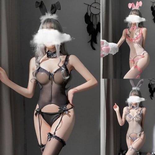 Women Sexy Cute Bunny Set Suspender Lingerie Body Stocking Fetish Bodysuit Erotic Cosplay Costume Outfit Thong with Bow