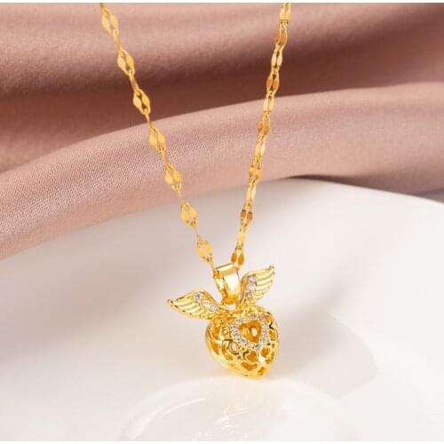 Korean Style Geometry Hollow Heart Wing No Fade Stainless Steel Necklace For Women Fashion Gold Color Wedding Jewelry Female
