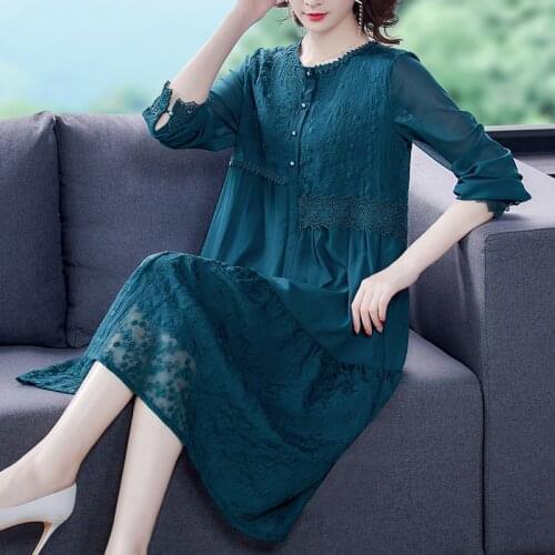 Women Korean Vintage Floral Embroidery Dresses Spring Autumn Mulberry Silk Loose Midi Dress 2021 Elegant Bodycon Party Vestidos