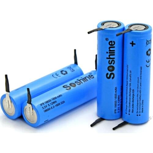 4pcs/lot Soshine LiFePO4 18650 3.2V 1600mAh Rechargeable Battery with with tab Spot welding battery