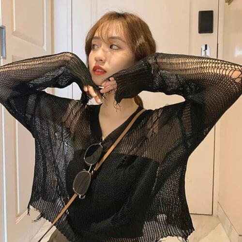 Hollow Out Loose Sweater Women Sexy Knit Short Pullover Soft Chic Top Female High Street Casual Autumn Fashion Outwear