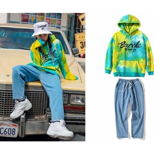 Childrens yellow Graffiti Hooded Sweater Pants 2pcs Set Street Dance Costume Hip Hop stage Girl fall Camisa Masculina homme