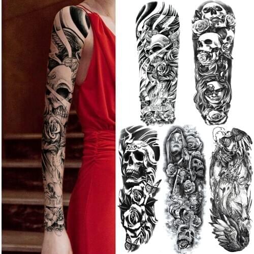 Skeleton King Flower Temporary Tattoo For Women Men Realistic Nun Evil Devil Tattoos Sticker Full Sleeve Fake Balck Tatoos Paper