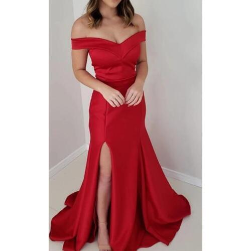 2021 Red Off Shoulder Satin Prom Dresses Mermaid Sleeveless High Split Side Evening Formal Party Gowns Robe De Soire