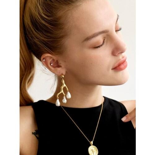 Brass Geo Faux Pearl Tree Branch Earrings Women Jewelry Gothic Boho Designer Unique Party Elegance Gifts Japan Korean Fashion