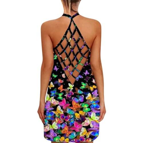 Summer Dresses For Women 2021 Sexy Dress Backless Loose Hollow Mesh Halter Dress Sundresses Women Casual V-Neck Print Dress N