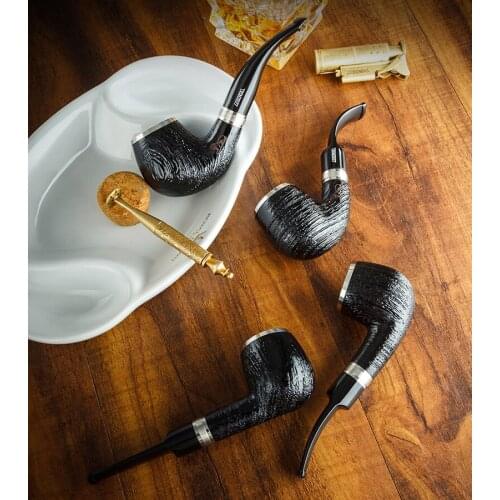 LUBINSKI High Grade Ebony Smoking Pipe Wooden Tobacco Pipe Silver Round Decoration Mens Smoking Tool