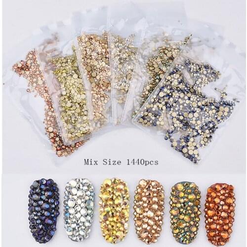 31 Styles Flat Round Glass Diamond Mix-Size Rhinestones Set Crystal Glass Gems Stone 1440pcs Nail Rhinestones For DIY Nail art
