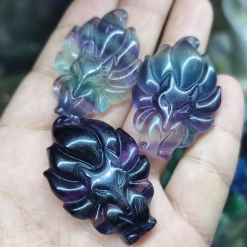 Natural Fluorite Crystal Colorful nine tailed fox quartz pendant hand carved gemstones for gift