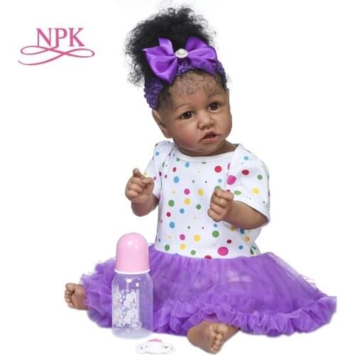 NPK 55CM full body saskia soft silicone or soft cloth body hand detailed paiting hand rooted hair African American Baby