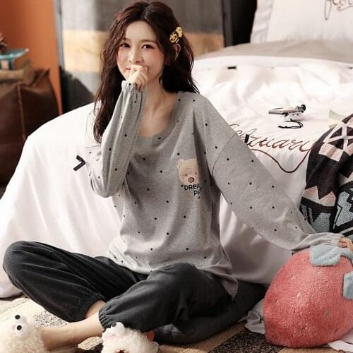 Casual Homewear Female Pyjamas Night suit Women Pajamas Set Autumn Black Cartoon Litter Bear Printed Long Sleeve Cute Sleepwear