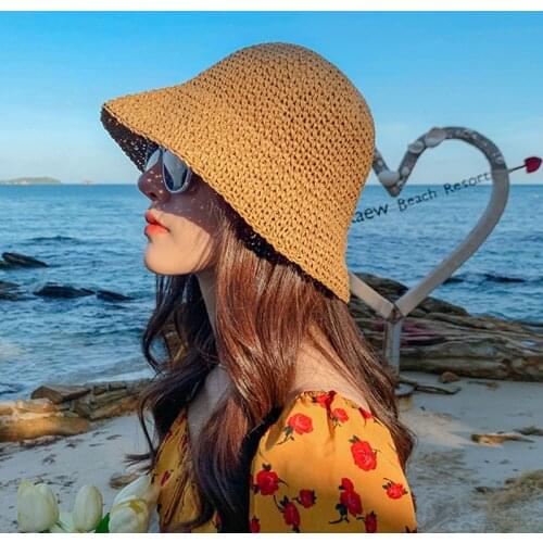 2021 New Womens Bucket Hat Female Hand Braided Summer Straw Hat Fishing Hat Elegant for Women Panama Beach Travel Folding Cap
