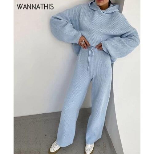 WannaThis Two Piece Set Women Pullover Long Sleeve Hoodie And High Waist Womens Pants Trousers Solid Loose Casual Fashion Set