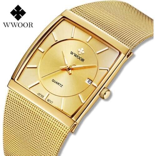WWOOR Mens Gold Ultra Thin Watches Top Brand Luxury Business Quartz Wrist Watch Male Waterproof Dress Mesh Band Clocks Men Xfcs