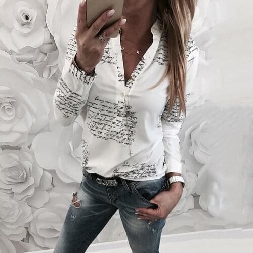 New White Letter Print Women Shirt Long Sleeve Turn Down Collar Office Ladies Blouses Single Row Button Female Autumn Shirt Tops