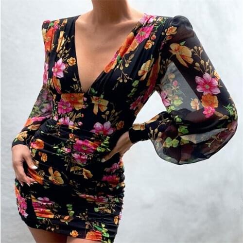 FUFUCAILLM Women Floral Vintage Dress Lantern Sleeve V-neck Shirring Mesh Sundress Female Retro Mini Dresses 2021 New Fashion