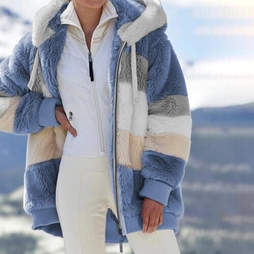 Winter Womens Coat Korean Fashion Casual Stitching Plaid Ladies Clothes Hooded Zipper Ladies Coat Lamb Hair Quilted Coat