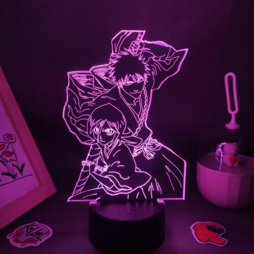 Bleach Anime Figure Kurosaki ichigo Shikai And Kuchiki Rukia 3D Led Manga RGB Night Lights Birthday Fun Gift Bedroom Table Decor