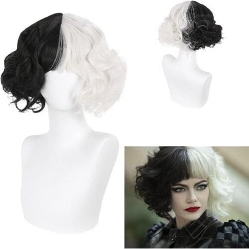 Cruella Deville Womens Kuila Black and White Wig with Bangs Short Wave Curly Synthetic Hair Wig Party Cosplay Halloween Wig