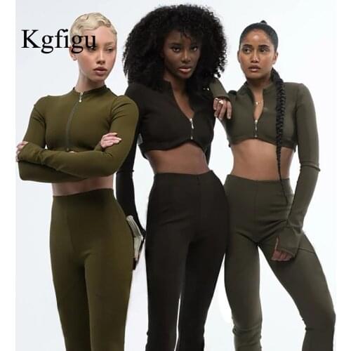 KGFIGU 2020 New Arrival O-Neck Sport Fitness Crop Tops Tshirt Leggings Pants Front Zipper Adjustable Women Two Piece Set