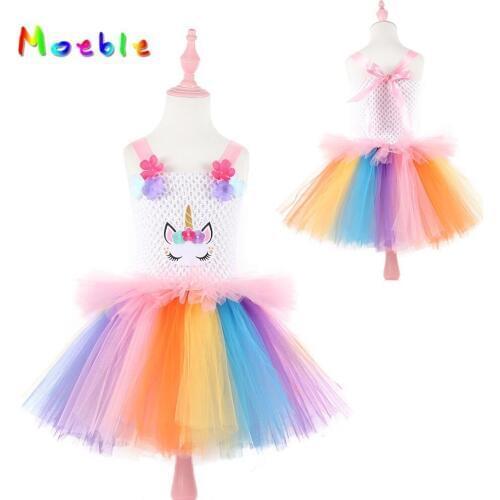 Moeble Rainbow flower unicorn tutu dresses girls princess dress for birthday party pink Ribbon Ball Gown baby girls fluffy dress