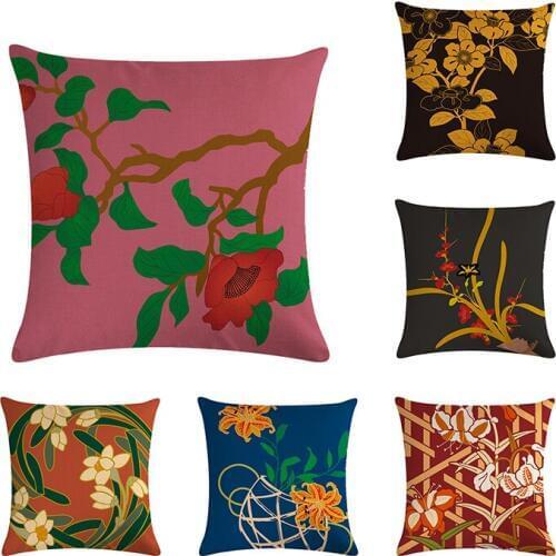 Japanese Style Pattern Pillows Cotton Linen Cover Colorful Flower Cushion Cover For Car Office Home Decor 45x45cmPillow Cover