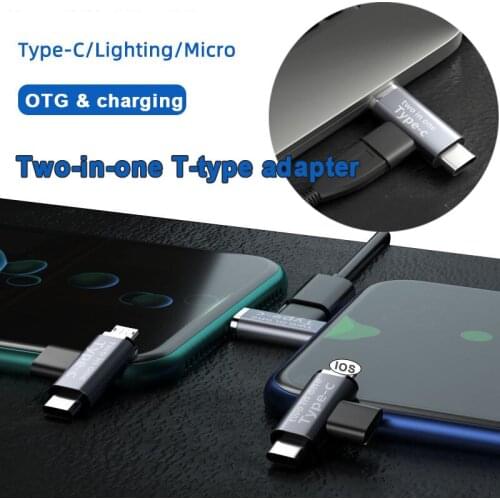 New 2 In 1 Type C Female To Type C Micro Lightning IOS OTG Adapter T-shaped OTG Fast Charger for Android, IPhone, IPad, Tablet