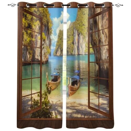 Window Fishing Boat Mountain Scenery Window Curtains Kitchen Drapes Panel Home Decor Curtains for Living Room