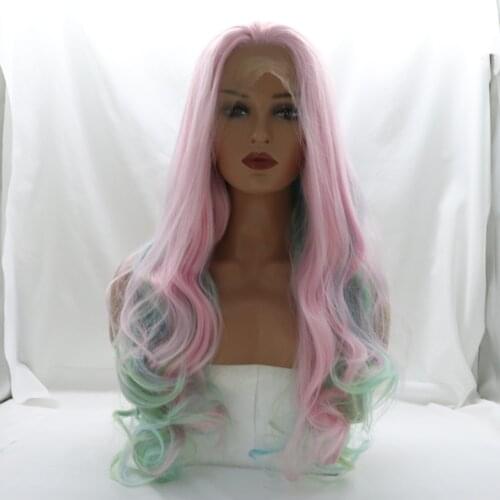Ombre Pink Mixed Color Lace Front Wig Long Wavy Rainbow Free Part Wig Heat Resistant Fiber Synthetic Makeup Wigs for Women 24