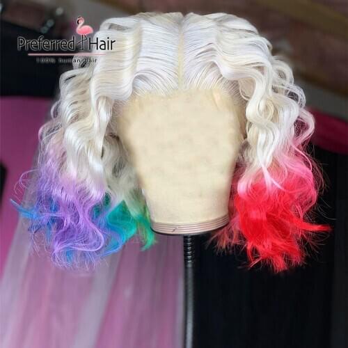 Preferred Rainbow short bob Wig Purple Ombre Transparent Lace Wigs For Women Remy Brazilian Deep wave Lace Front Human Hair Wigs