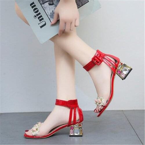 Transparent Square Toe Sandals Women Fairy Style 2021 Summer New Fashion Diamond Thick Heel Temperament High Heels Shoes 35-40