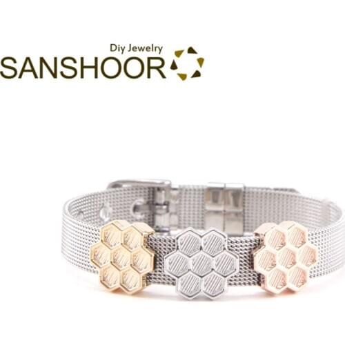 SANSHOOR New Arrival Honeycomb Slide Charms Fit 10mm Wide Wrap Leather Keeper Bracelet As Women Valentines Day Gift 3Pcs