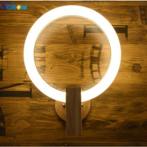 SGROW Nordic Acrylic Ring Wall Lamp Light Fixtures Modern Solid Wooden Base Indoor Lighting for Bedroom Living Room Dining Room