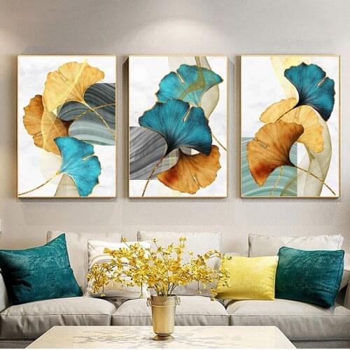 Modern Picture Living Room Decoration Blue Green Yellow Gold Plant Leaf Abstract Nordic Canvas Print Wall Art Painting