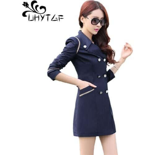 UHYTGF Plus size coats Ladies Double-breasted Fashion Cardigan trench coat Korean womens Elegant female Windbreaker coat X90