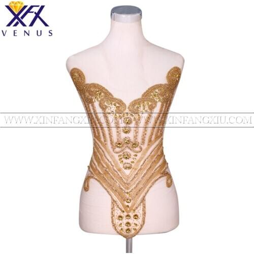 XFX 1 Piece Handmade Sew on Gold Rhinestones Beads Patch Crystal Applique Design Sewing for DIY Trimming Wedding Dress