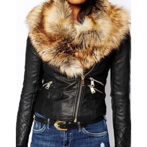 Plus Size 3XL Autumn Winter Womens Large Fox Fur Collar Motorcycle PU Leather Short Jackets Faux Fur Outwear