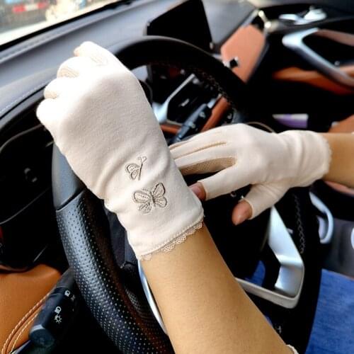 Ladies Summer Embroidery Butterfly Fingerless Sunscreen Cotton Anti-ultraviolet Non-slip Thin Sunshade Driving Gloves for Women