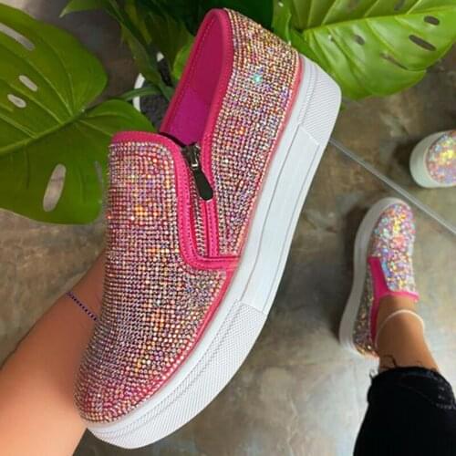 Womens Casual Shoes Rhinestone Female Walking Breathable Walking Women Slip On Hight Platform Ladies Vulcanized Shoes Footwear
