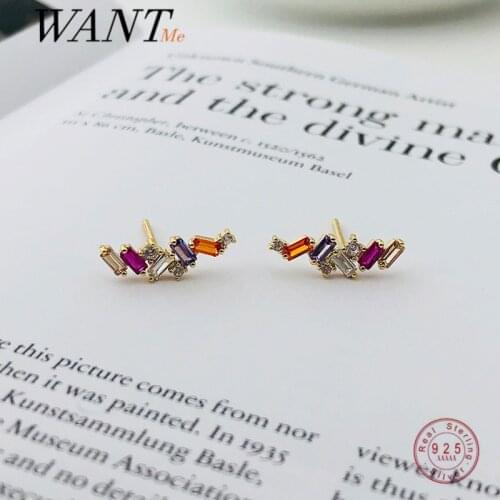 WANTME 925 Sterling Silver Charming Colorful Geometric Zircon Stud Earrings for Women Bohemian Romantic Party Fine Jewelry Gift