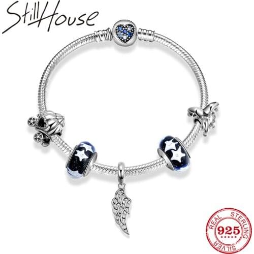 Womens Fine Jewelry Bracelet Silver 925 heart Snake Bone Chain Angel wings pendant Charm Bracelet Bangles femme DIY Gift