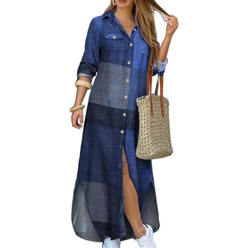 Plus Size Bohemian Dress Women Fashion Casual Loose Long Sleeve Printed Pockets Buttons Party Beach Maxi Shirt Dresses
