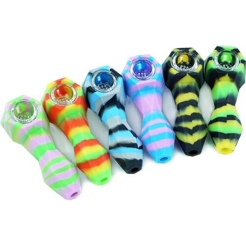 20 pieces portable Silicone Hand pipe for Tobacco with glass bowl Smoking Pipe with Cap Bowl unbreakable Cigarette Filter Holder