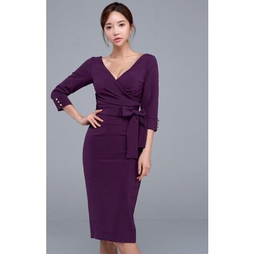 2020 Autumn Winter New Deep V-neck Empire Slim Three Quarter Sleeve Sexy Purple Dresses for Women Party with Belt Plus Size