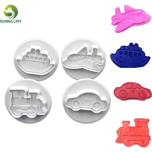 4PCS Plastic Car Plunger Cutter Cake Mold Plane Biscuit Cake Decoration Fondant Train Vessel Cookie Cutter Baking Tools For Cake