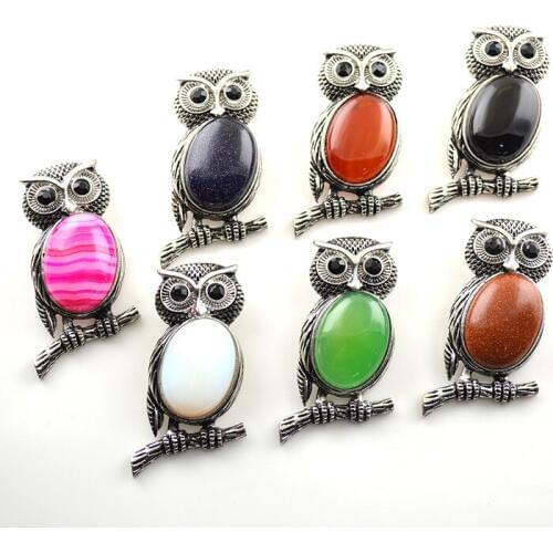 5pcs Without Chain Mixed Type Owl Pendant Natural Semi-precious Stone Inset Ancient Silver Alloy Pendants