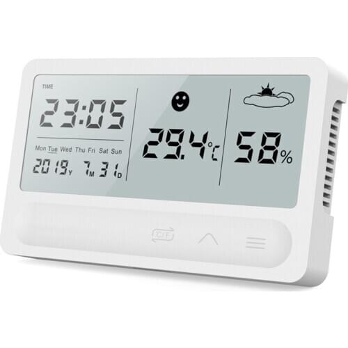 MOSEKO Temperature Humidity Monitor 4.7 Inches Large LCD Screen Touch Button,Rechargeable Digital Indoor Thermometer Alarm Clock