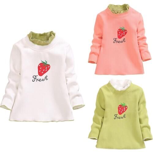 Children Strawberry Print Fleece Long Sleeve Jumper Thickened Kids Girls Stand Collar Sweatshirt Autumn Winter Pullover Ruffled